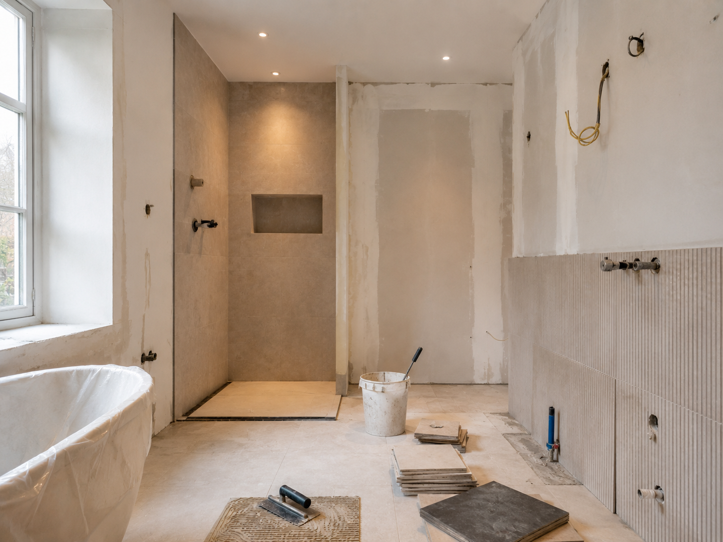 Badeværelse under renovering med nye installationer