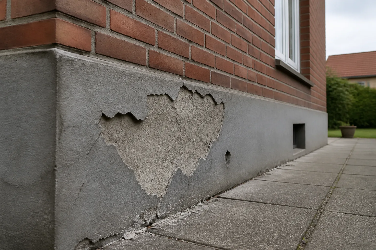 Afskallet sokkelpuds med synligt underlag ved husets fundament.