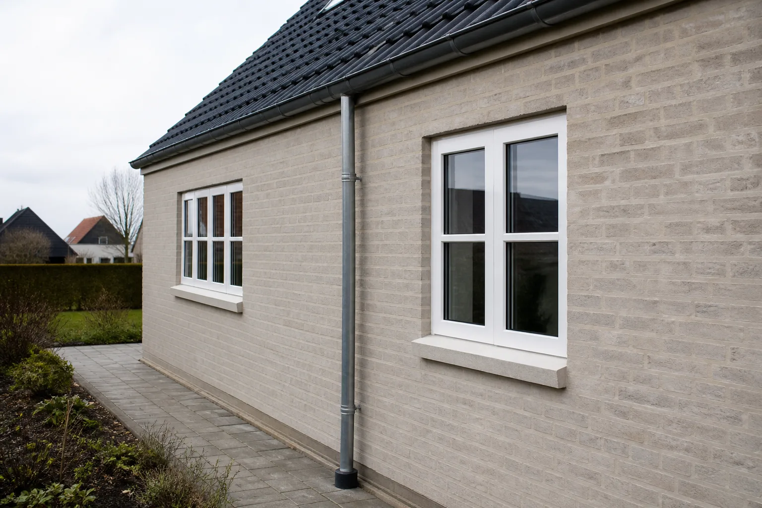 Vandskuret facade med synlige konturer af mursten