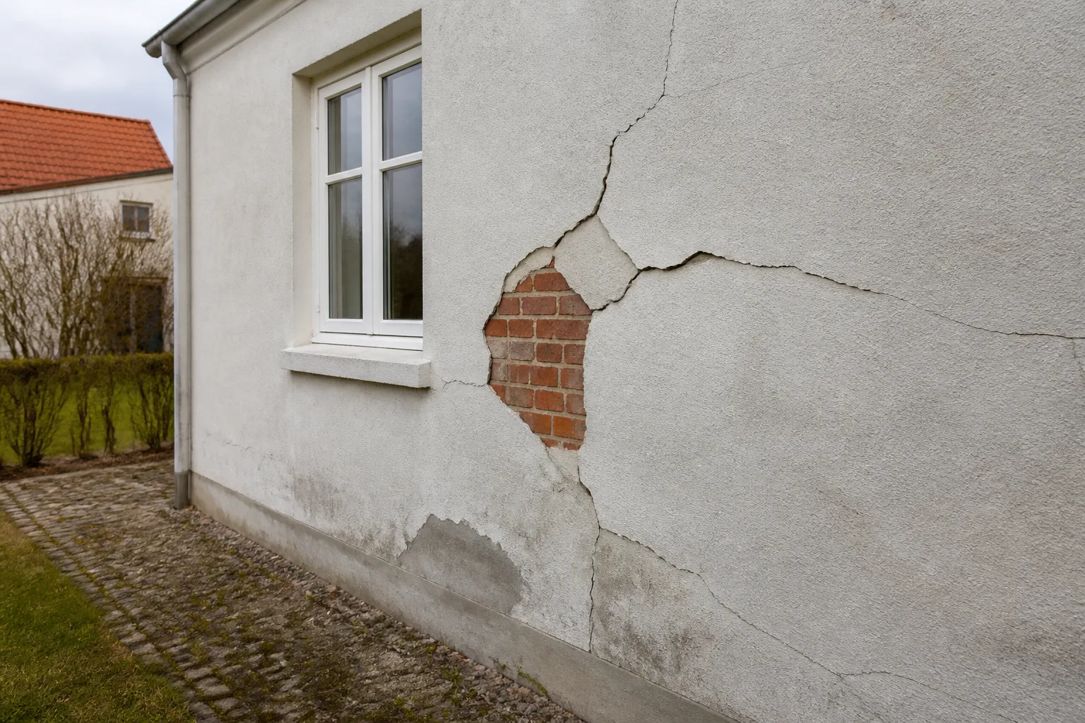 Revnet og løs facadepuds med blotlagt murværk på et dansk hus.