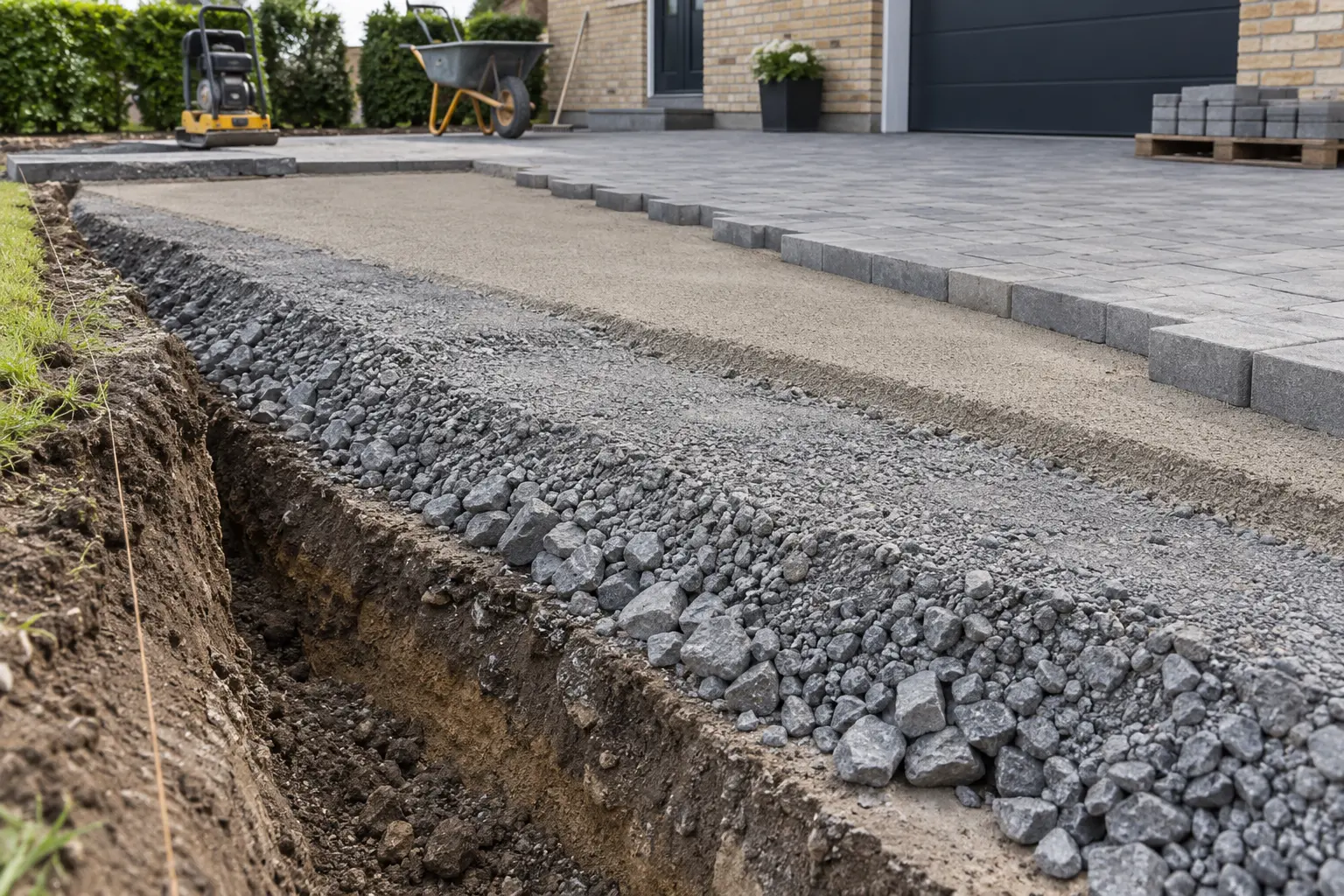 Bundopbygning til indkørsel med bundsikring, stabilgrus og afretningslag