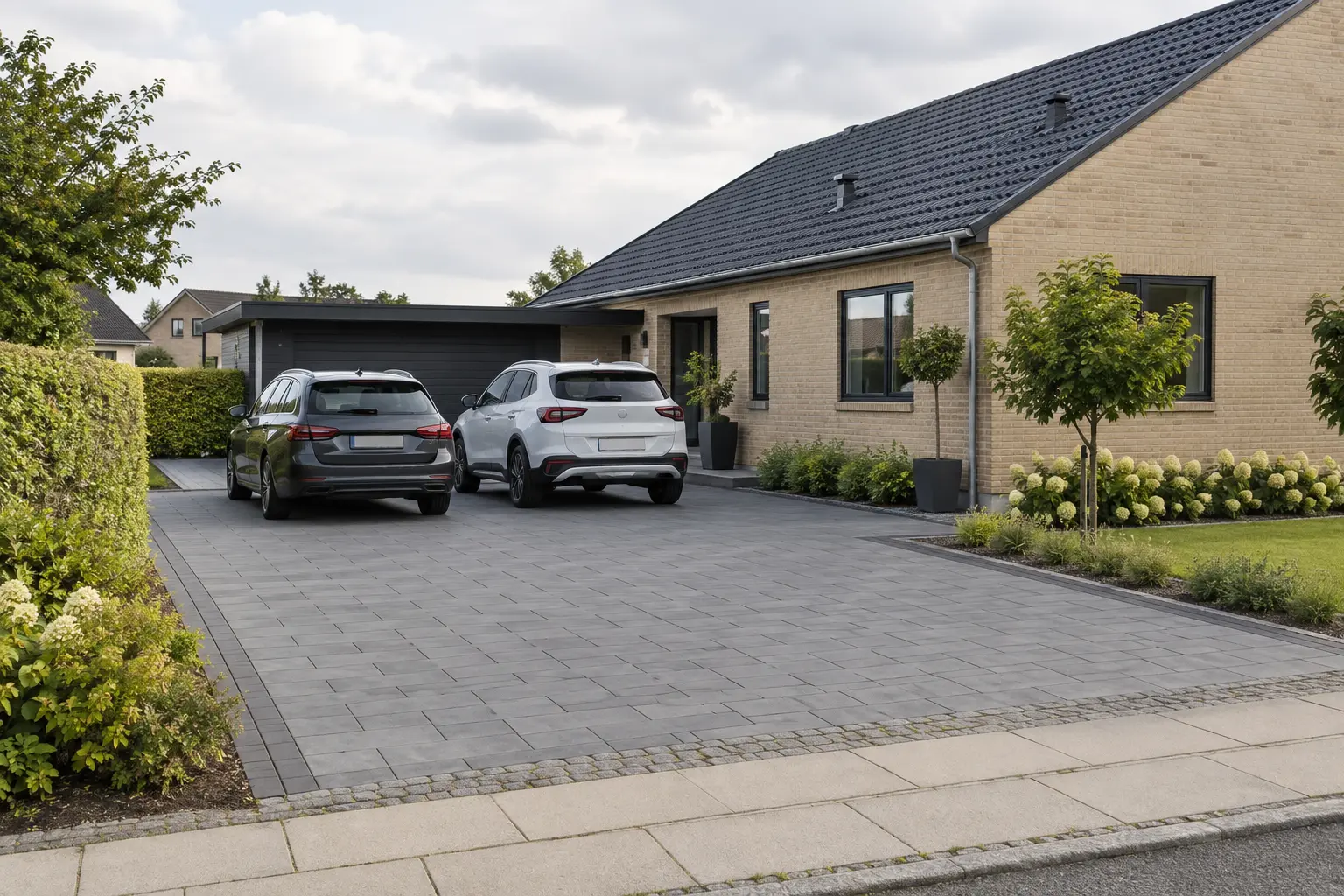 Ny indkørsel med grå belægningssten foran dansk parcelhus