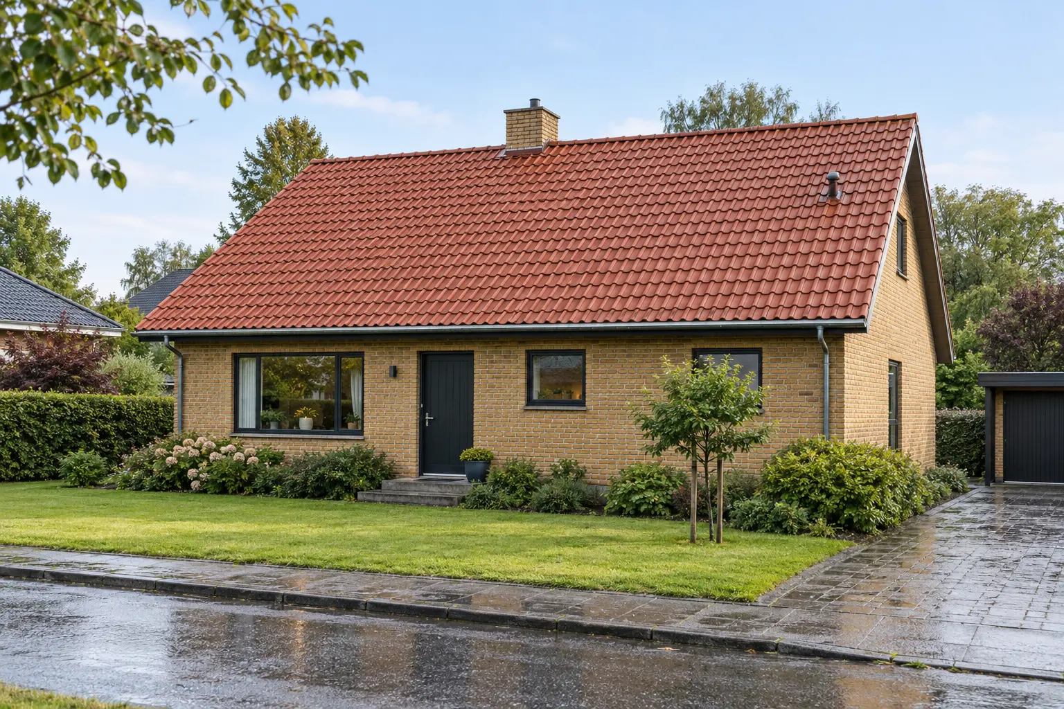Dansk parcelhus i Kolding med nyt rødt tegltag